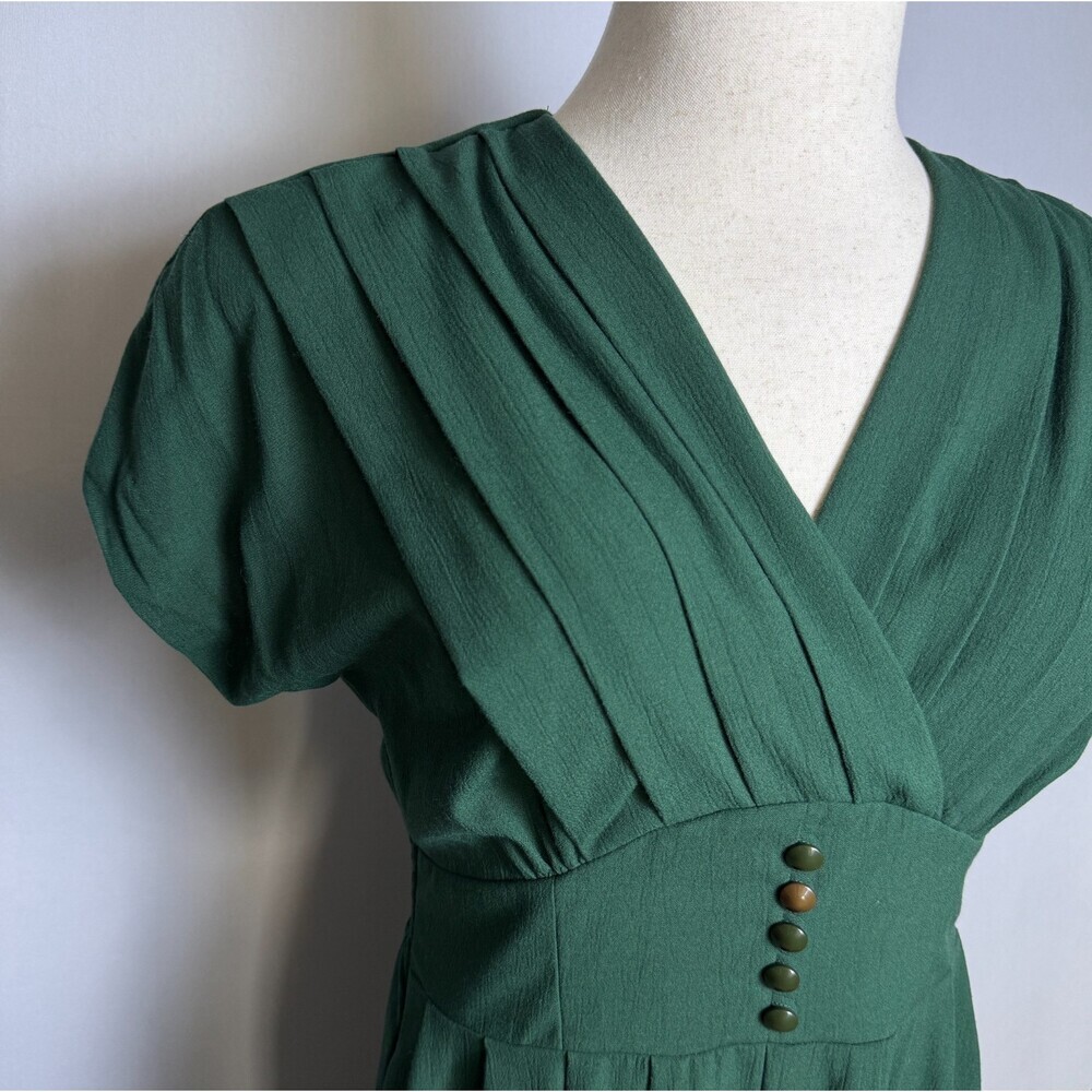 Vintage 90s Sunshine Starshine by Halmode Sz 10 Emerald Green Pleated Midi Dress - Picture 4 of 16